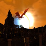 Un dragón sobrevuela una fortaleza al atardecer en Rise of Agon
