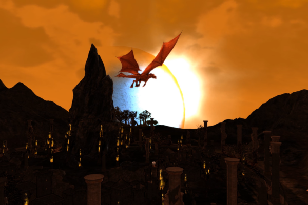 Un dragón sobrevuela una fortaleza al atardecer en Rise of Agon