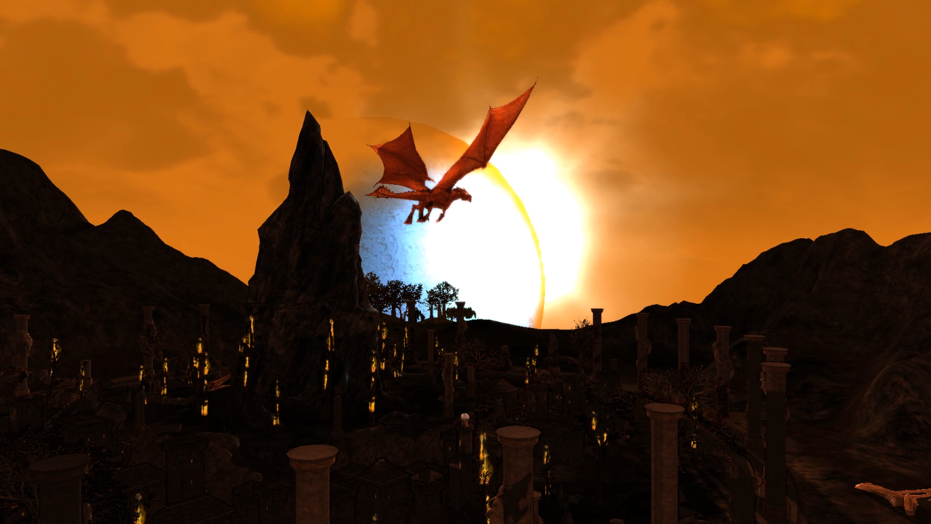 Un dragón sobrevuela una fortaleza al atardecer en Rise of Agon