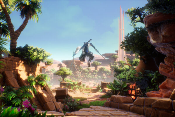Shiren avanza por unas ruinas soleadas rodeadas de vegetación en Second Stone