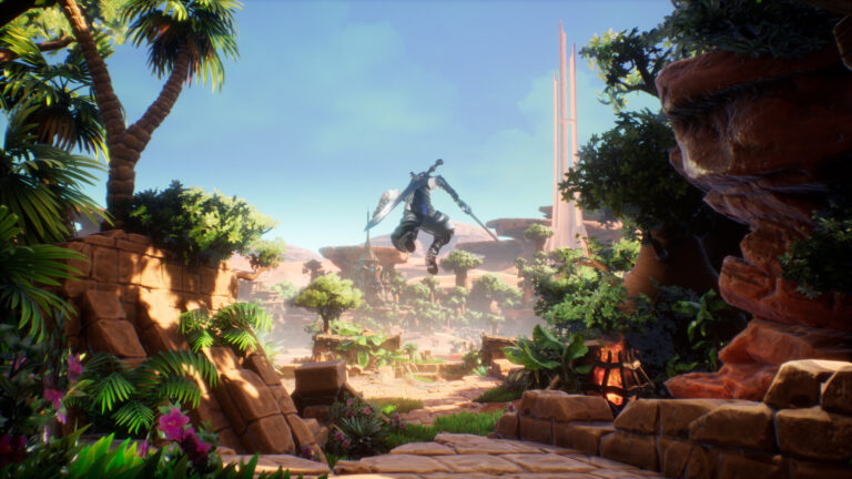Shiren avanza por unas ruinas soleadas rodeadas de vegetación en Second Stone