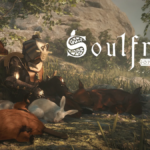 Un Envoy de Soulframe descansa entre varios cachorros de lobo en un claro del bosque
