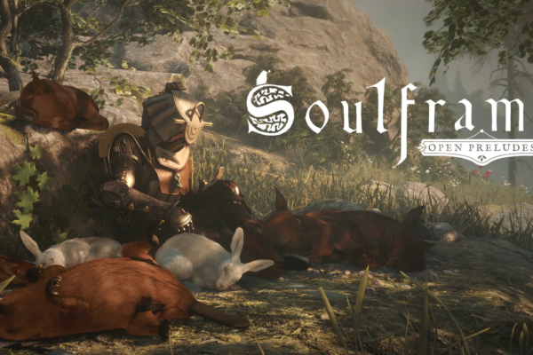 Un Envoy de Soulframe descansa entre varios cachorros de lobo en un claro del bosque