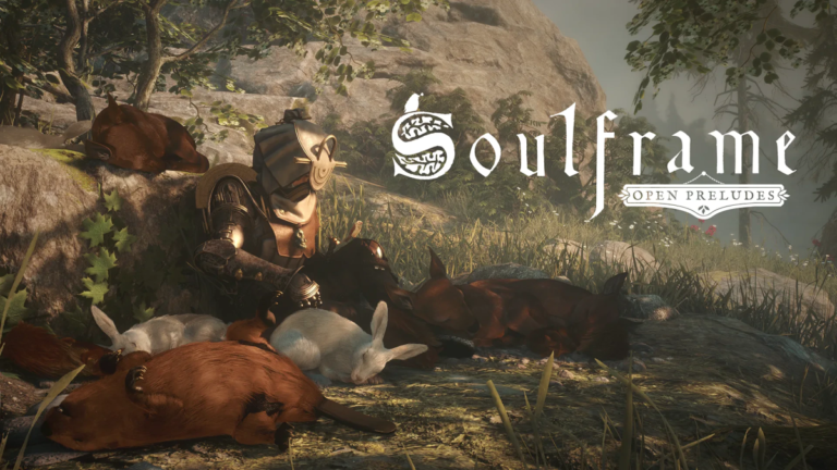 Un Envoy de Soulframe descansa entre varios cachorros de lobo en un claro del bosque