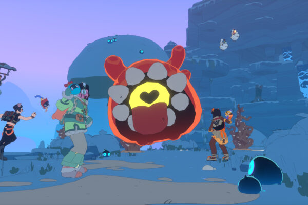 Varios personajes se reúnen alrededor de una criatura de colores en Spirit Crossing.