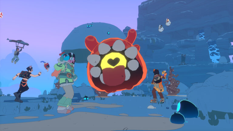 Varios personajes se reúnen alrededor de una criatura de colores en Spirit Crossing.