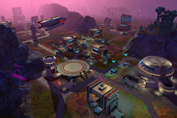 Una colonia de Star Trek: Outposts Unknown ocupa un terreno rocoso junto a una nave