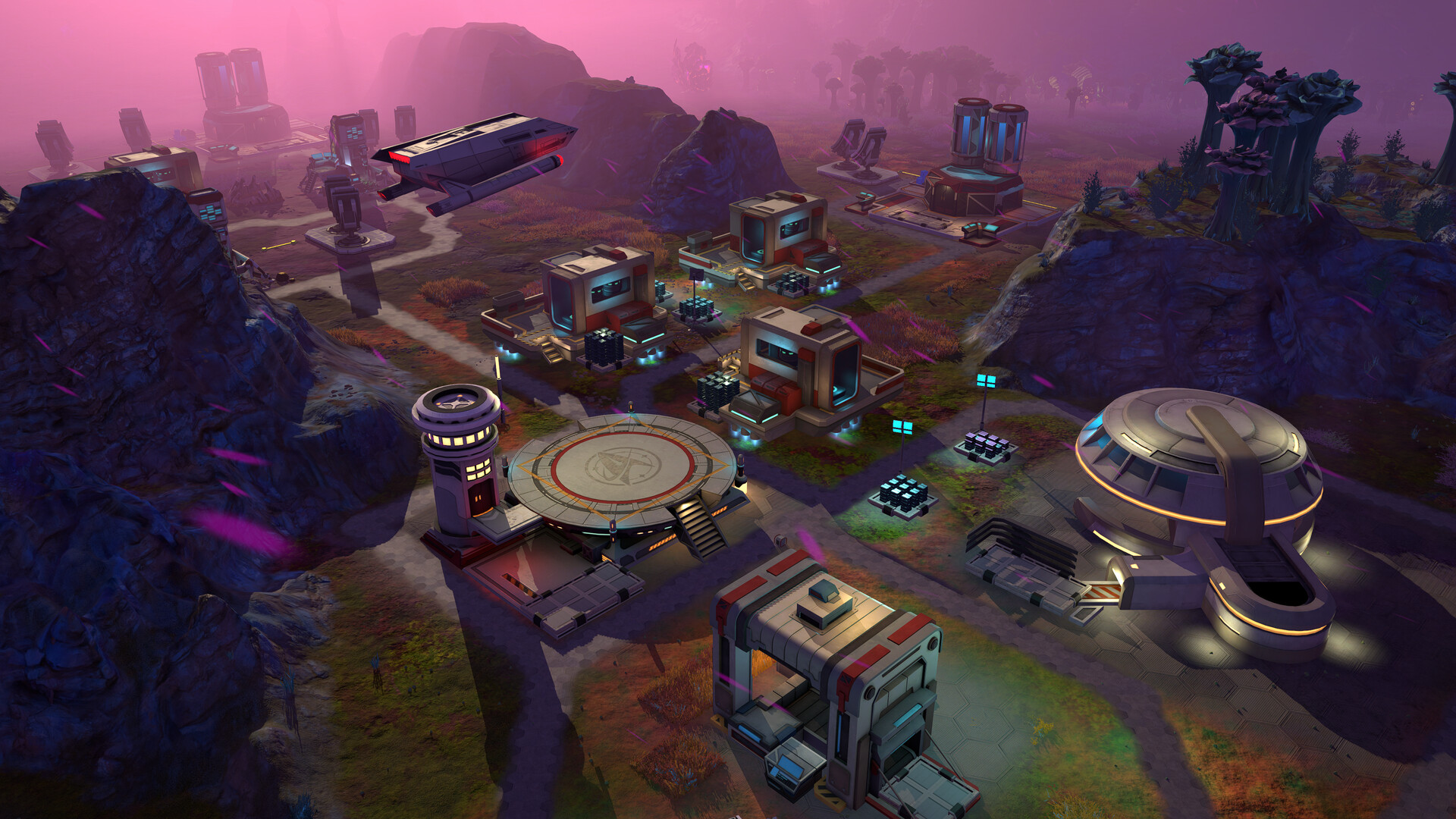 Una colonia de Star Trek: Outposts Unknown ocupa un terreno rocoso junto a una nave