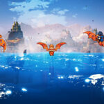 Tres dragones vuelan sobre el mar cerca de una ciudad de fantasía en Threads of Time.