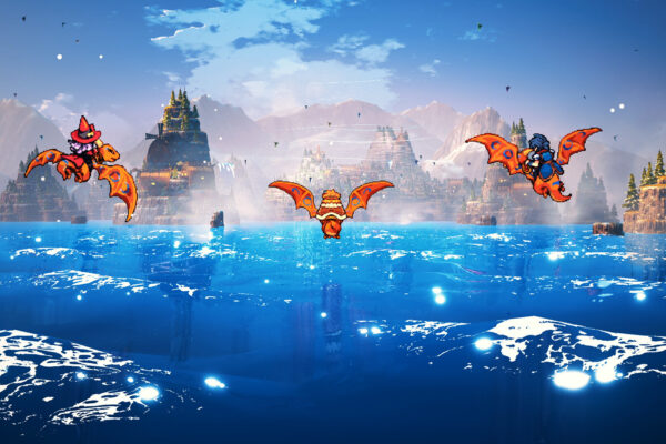 Tres dragones vuelan sobre el mar cerca de una ciudad de fantasía en Threads of Time.