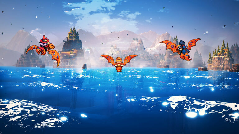 Tres dragones vuelan sobre el mar cerca de una ciudad de fantasía en Threads of Time.
