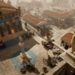 Templos y edificios de una ciudad de la antigua Grecia junto al mar en Titan Quest II.