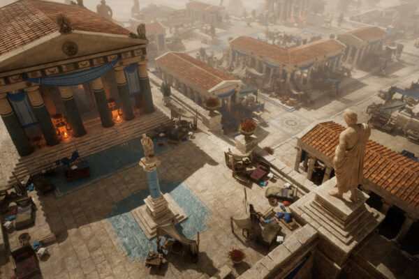 Templos y edificios de una ciudad de la antigua Grecia junto al mar en Titan Quest II.