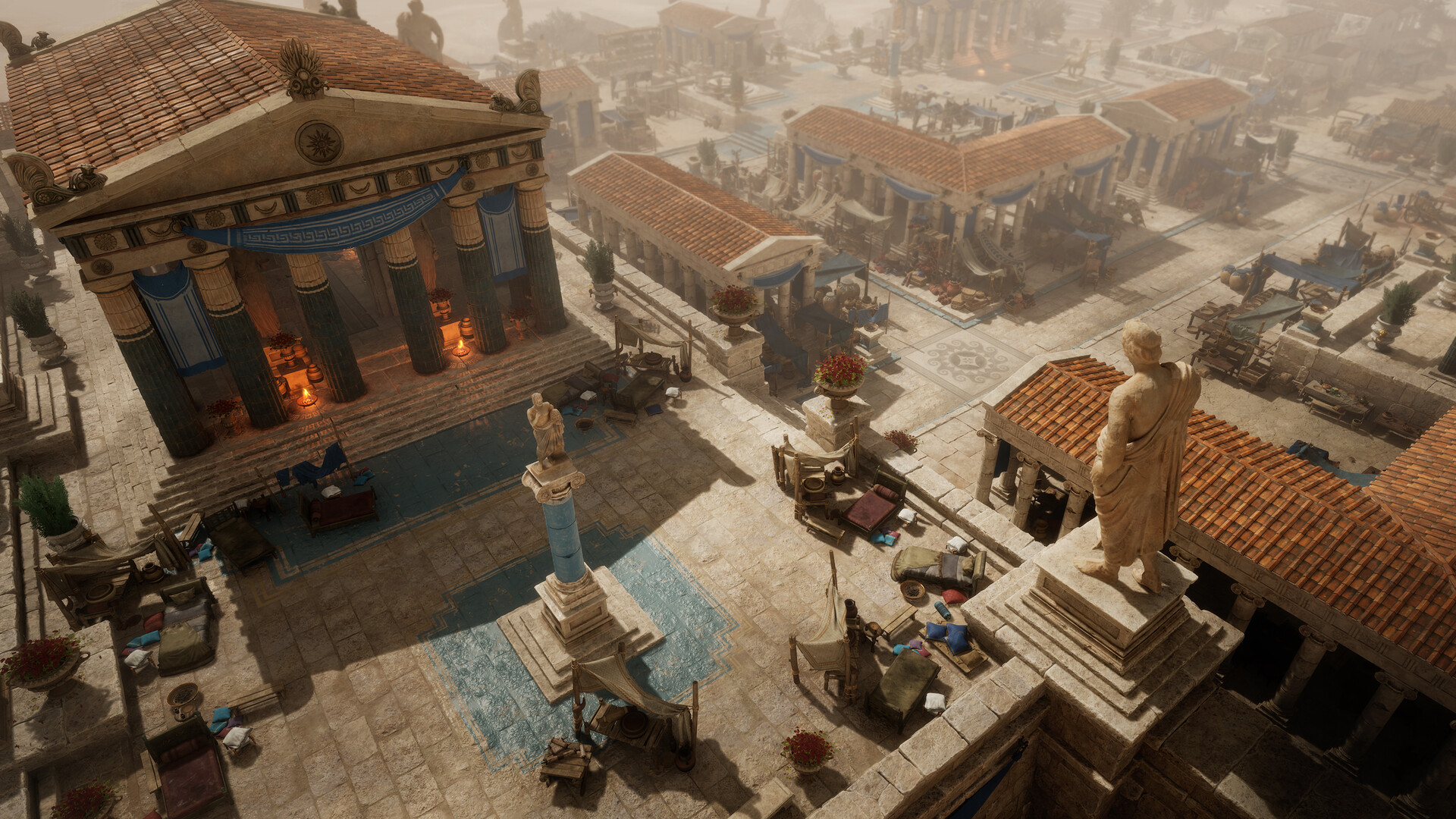 Templos y edificios de una ciudad de la antigua Grecia junto al mar en Titan Quest II.