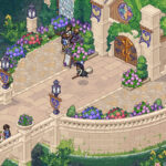 Estudiantes recorren la entrada del colegio de magia de Witchbrook, rodeada de flores y árboles.