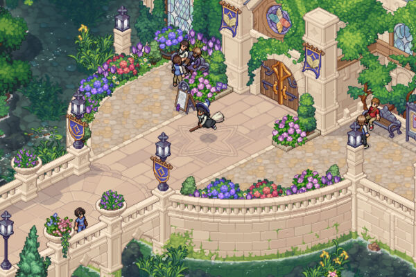 Estudiantes recorren la entrada del colegio de magia de Witchbrook, rodeada de flores y árboles.