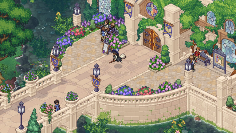 Estudiantes recorren la entrada del colegio de magia de Witchbrook, rodeada de flores y árboles.