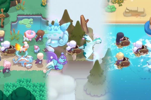 Slimes de distintos colores junto a una cascada en World of Slime