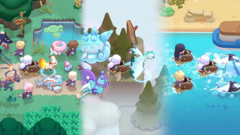 Slimes de distintos colores junto a una cascada en World of Slime