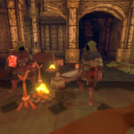 Tres aventureros preparan su campamento junto al fuego en Deep Dish Dungeon