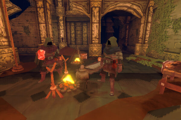 Tres aventureros preparan su campamento junto al fuego en Deep Dish Dungeon