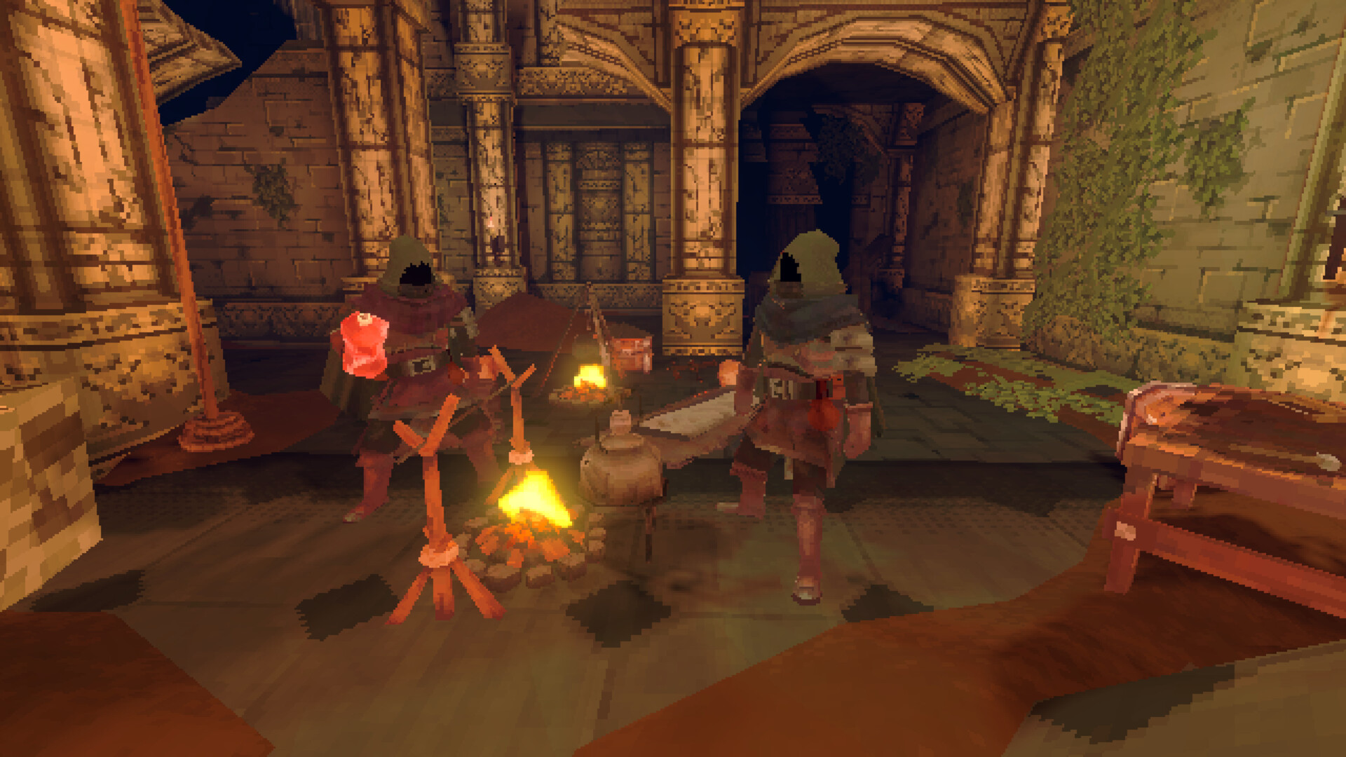 Tres aventureros preparan su campamento junto al fuego en Deep Dish Dungeon