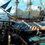Majima y su tripulación disparan los cañones de un barco pirata contra otro navío junto a una isla.
