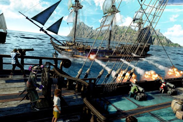 Majima y su tripulación disparan los cañones de un barco pirata contra otro navío junto a una isla.