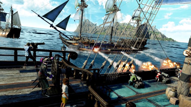 Majima y su tripulación disparan los cañones de un barco pirata contra otro navío junto a una isla.