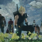 Cloud y sus compañeros, entre ellos Tifa, se reúnen junto a flores en Final Fantasy VII Revelation