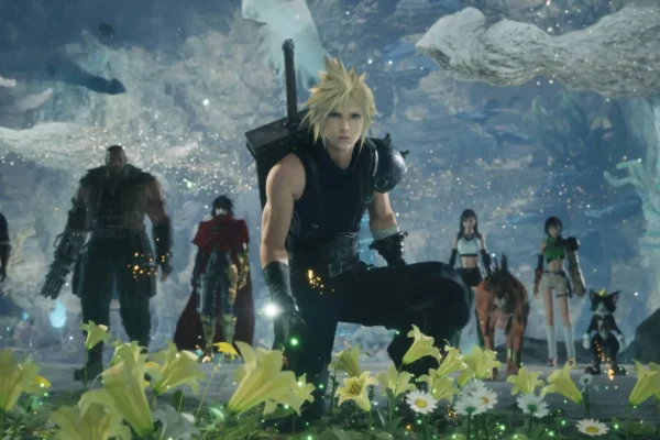 Cloud y sus compañeros, entre ellos Tifa, se reúnen junto a flores en Final Fantasy VII Revelation