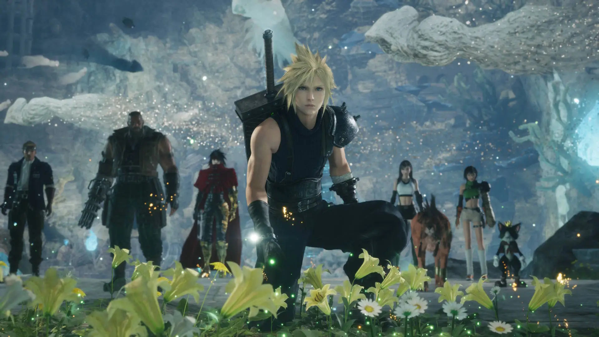 Cloud y sus compañeros, entre ellos Tifa, se reúnen junto a flores en Final Fantasy VII Revelation
