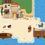 Artemisa y otros personajes de Mythmatch junto a una casa y un embarcadero en una isla.
