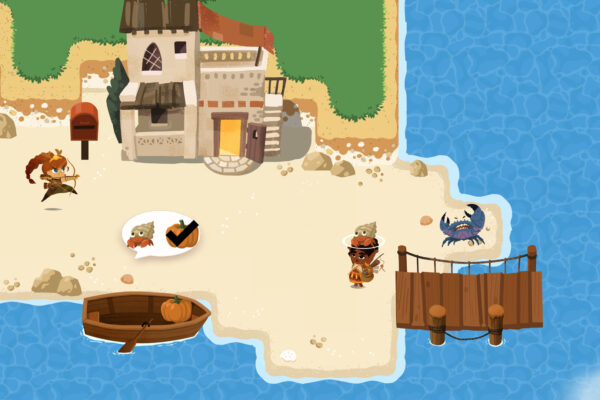 Artemisa y otros personajes de Mythmatch junto a una casa y un embarcadero en una isla.