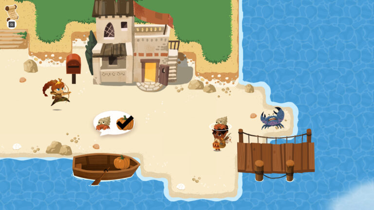 Artemisa y otros personajes de Mythmatch junto a una casa y un embarcadero en una isla.