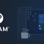 Logotipo de Steam junto a un ordenador con la plataforma abierta.