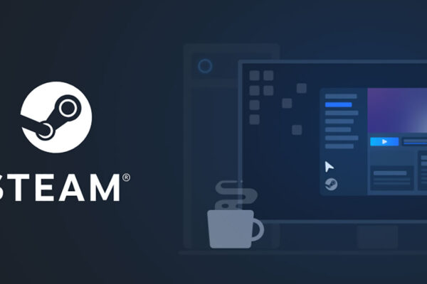 Logotipo de Steam junto a un ordenador con la plataforma abierta.