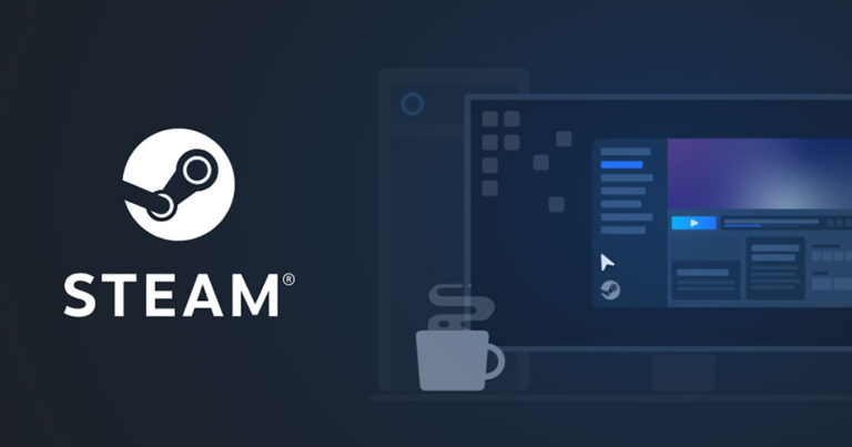 Logotipo de Steam junto a un ordenador con la plataforma abierta.