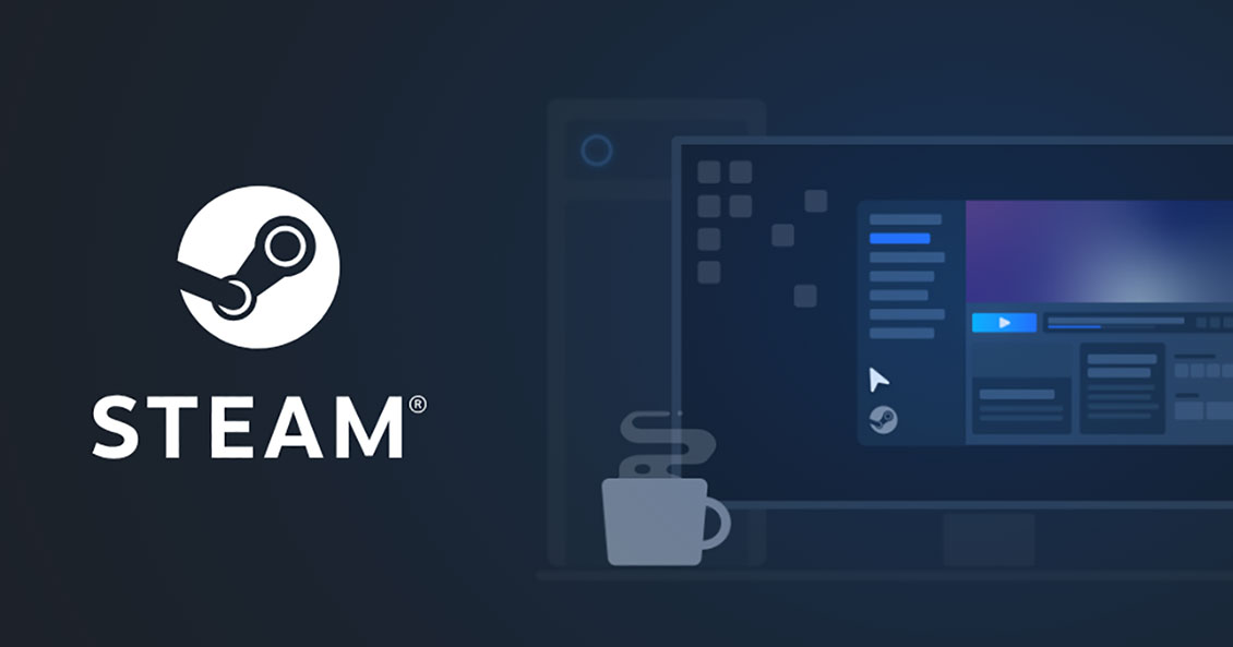 Logotipo de Steam junto a un ordenador con la plataforma abierta.