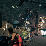 El protagonista golpea a un androide junto a una pared que se rompe en Virtue and a Sledgehammer.