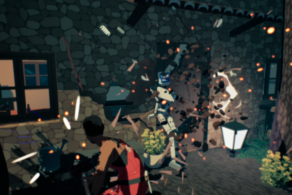 El protagonista golpea a un androide junto a una pared que se rompe en Virtue and a Sledgehammer.