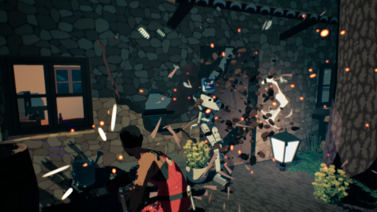 El protagonista golpea a un androide junto a una pared que se rompe en Virtue and a Sledgehammer.
