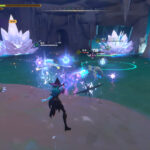 Una bruja lanza hechizos junto a Scrappy entre grandes cristales en Witchspire.