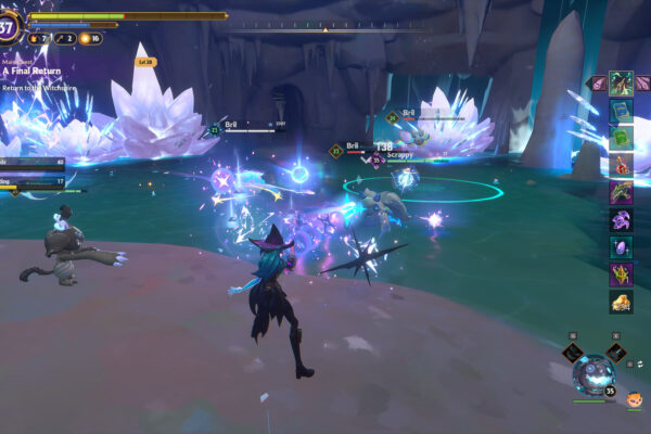 Una bruja lanza hechizos junto a Scrappy entre grandes cristales en Witchspire.