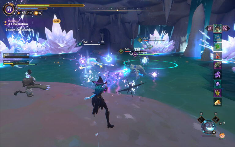 Una bruja lanza hechizos junto a Scrappy entre grandes cristales en Witchspire.